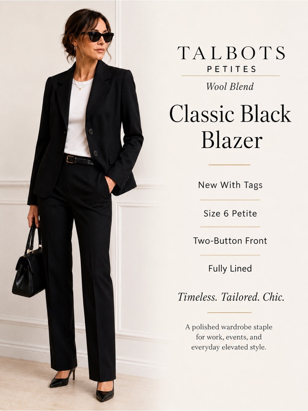 NWT Talbots Petites Black Wool Blend Two Button Blazer Size 6P